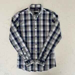 RW&CO. Slim Fit 100% Cotton Button Down Plaid Shirt Navy White Grey Sz XS
